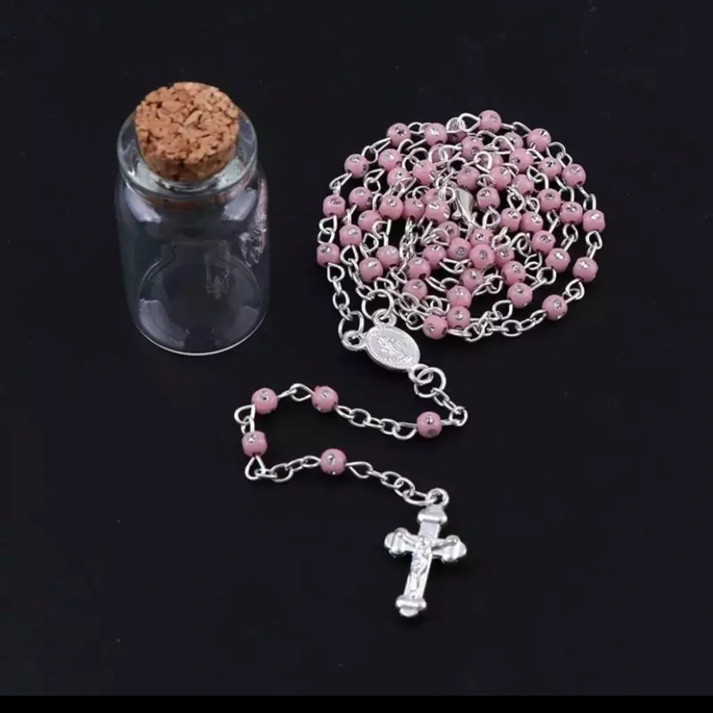 Pink Catholic Holy Rosary With 4mm Beads Silver Crucifix and Chain Accents